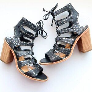 Dolce Vita Black Studded Leather Lace-up Block Heel Gladiator Sandal Summer Shoe